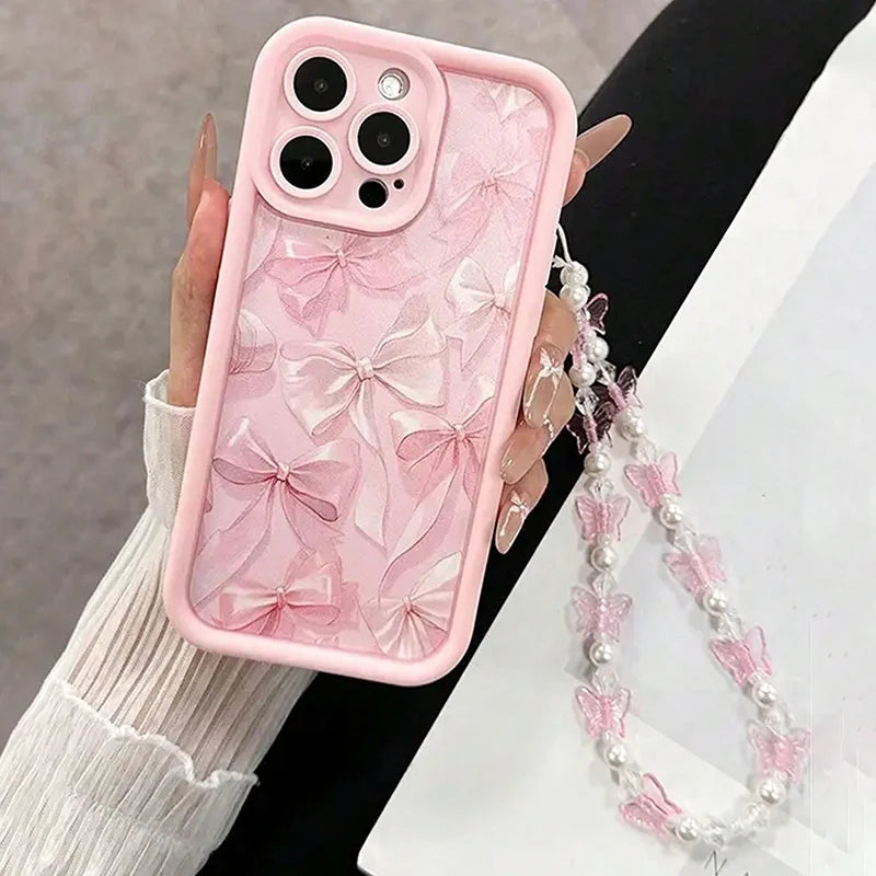 Cutesy™  Pink Bow Pattern Phone Case Plus Butterfly Charm