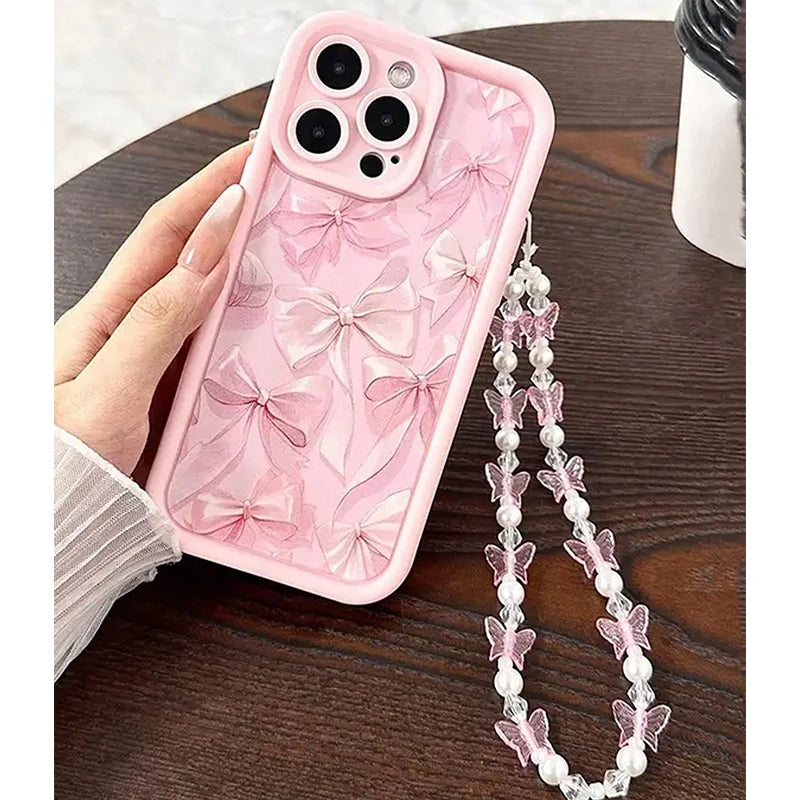 Cutesy™  Pink Bow Pattern Phone Case Plus Butterfly Charm