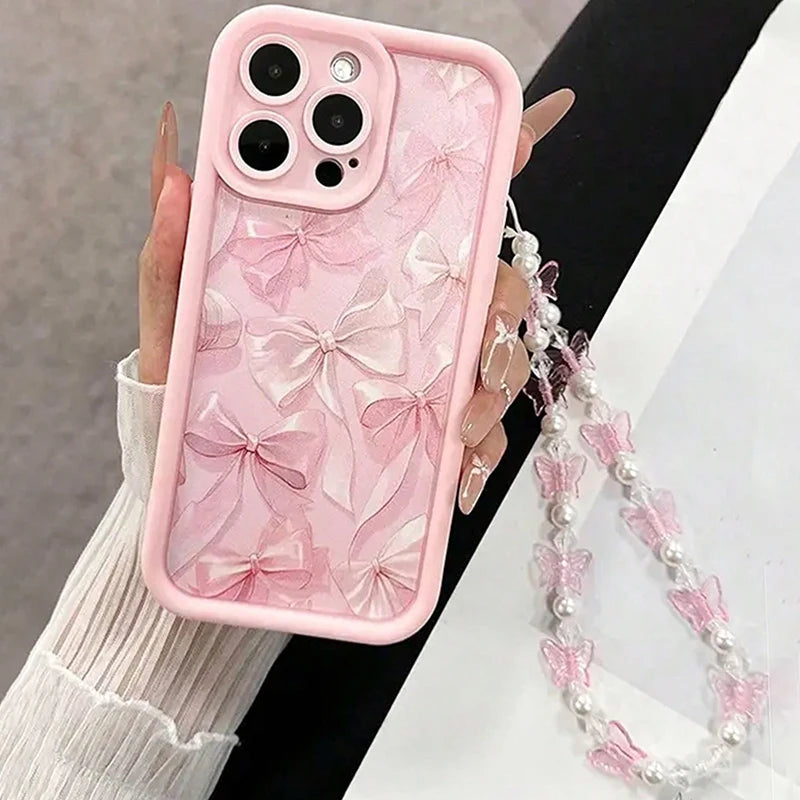 Cutesy™  Pink Bow Pattern Phone Case Plus Butterfly Charm