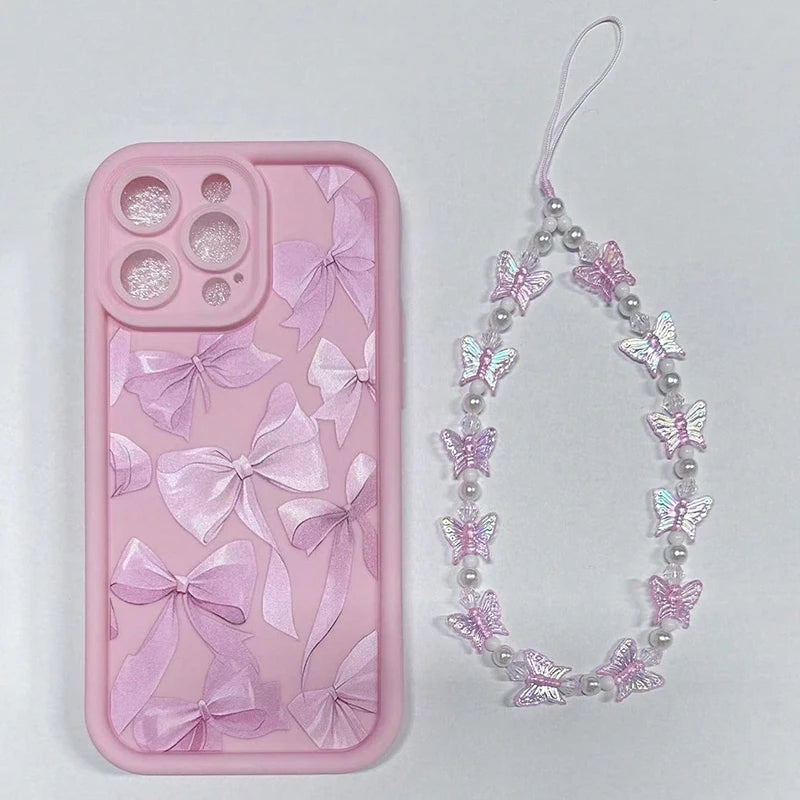 Cutesy™  Pink Bow Pattern Phone Case Plus Butterfly Charm