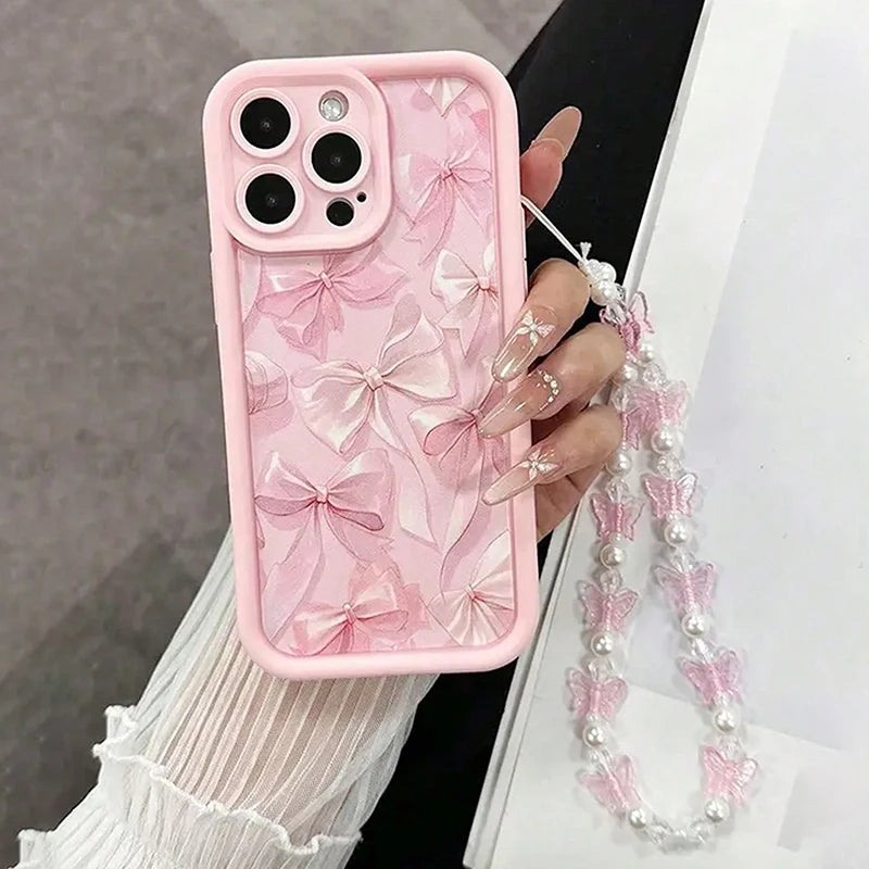 Cutesy™  Pink Bow Pattern Phone Case Plus Butterfly Charm